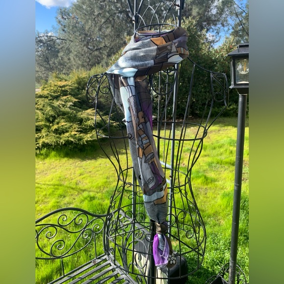 Picasso print silky long sheer scarf in shades of blue on black,HP25 - Picture 2 of 14